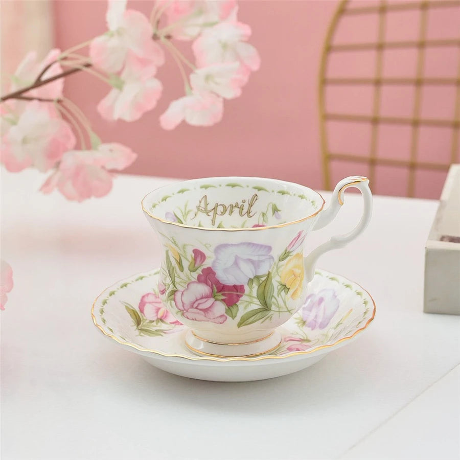 Coffee Cup and Saucer Set Month Flower Mug Bone China Drinking Set Ceramic Cup and Saucer Home Teacup Dessert Saucer Gifts.