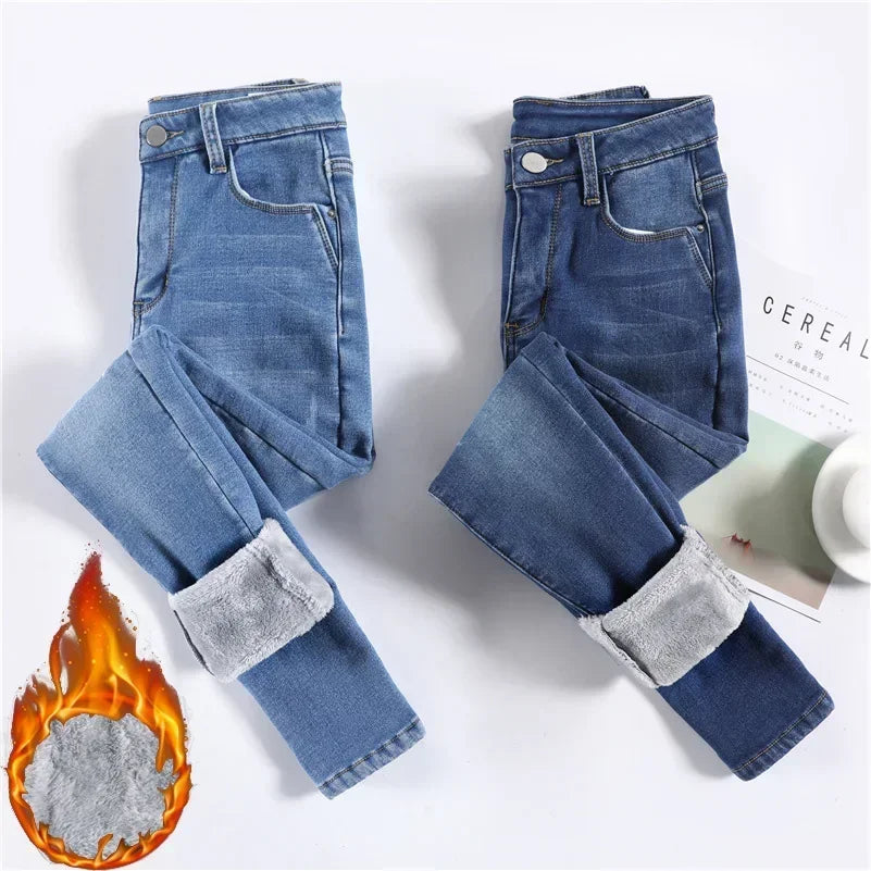 Frauen Thermische Dünne Jeans Mom Winter Warme Plüsch Stretch Jeans Dame Fleece Schnee Denim Hosen Student Bleistift Gerade Bein Hosen