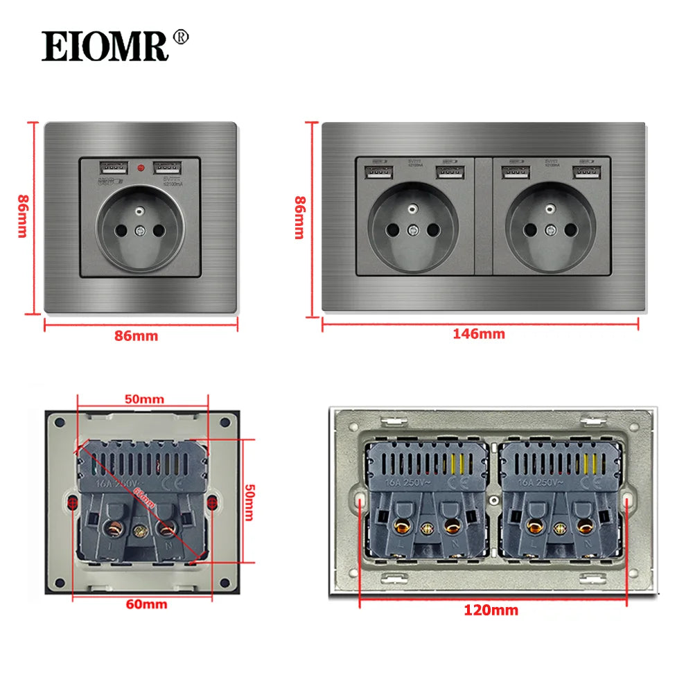 EIOMR Frankreich Standard-Steckdose, graue Aluminiumlegierung, Lichtschalter, RJ45, Fernseher, 220 V, 16 A, Wandsteckdosen für Haushaltsgeräte.