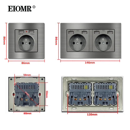 EIOMR Frankreich Standard-Steckdose, graue Aluminiumlegierung, Lichtschalter, RJ45, Fernseher, 220 V, 16 A, Wandsteckdosen für Haushaltsgeräte.