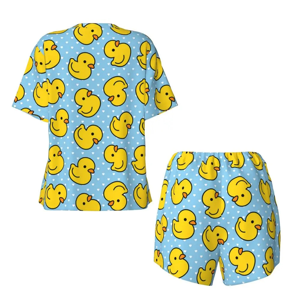 Benutzerdefinierte Frauen Gelb Klassische Gummi Ente Pyjamas Set Gedruckt Zwei-stück Pj Sets Kurzarm Nachtwäsche Loungewear