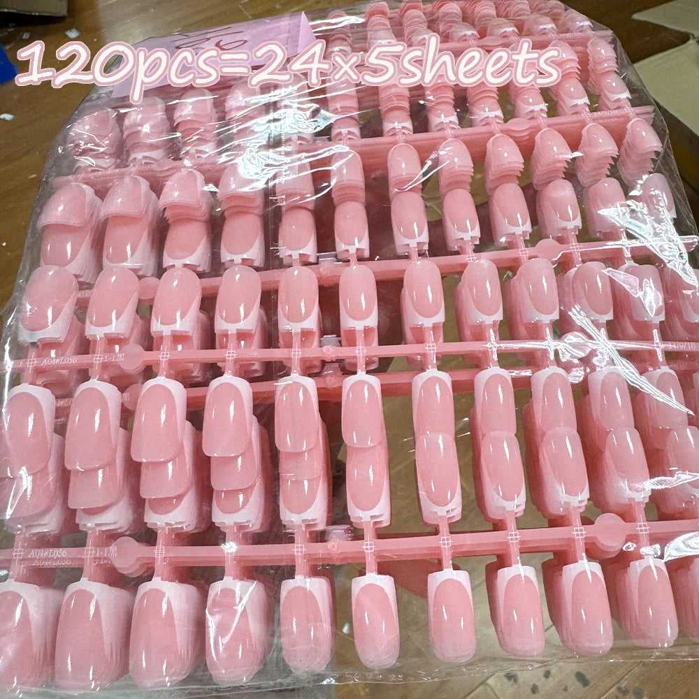 120Pcs=24*5 French Short Square Coffin False Nail White Pink Simple Wearable Fake Nails Glossy Full Cover Press on Nail Tips Art.