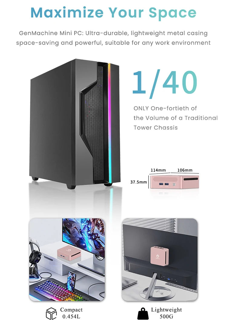 GenMachine Ryzen PRO 6800H MINI PC Windows 11 8C/16T 3.2Ghz LPDDR5 6400Mhz 24G RAM 256G ROM WIFI6 BT5.2 Diy Gaming Computer.