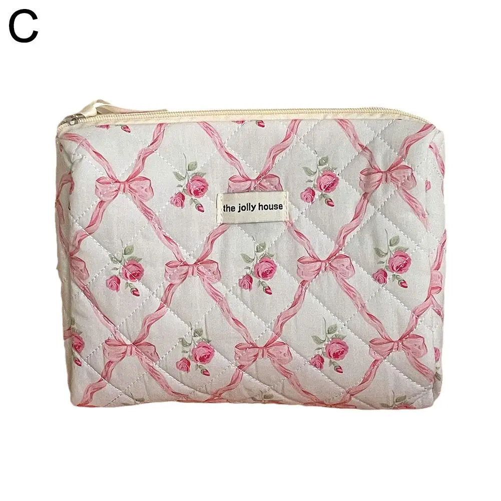 Cute Bow Flower Quilting Makeup Bag Women Zipper Cosmetic Organizer Female Cloth Handbag Portable Toiletry Case For Girls