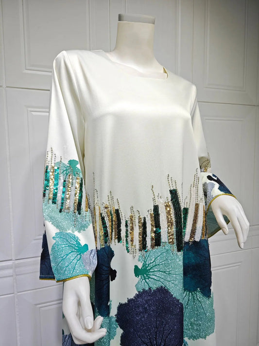 Uni Arab Saudi Printing Sequins Long Dresses Galabia Muslim Eid Women Abayas Islam Clothing Turkish African Kebaya 2025 New.
