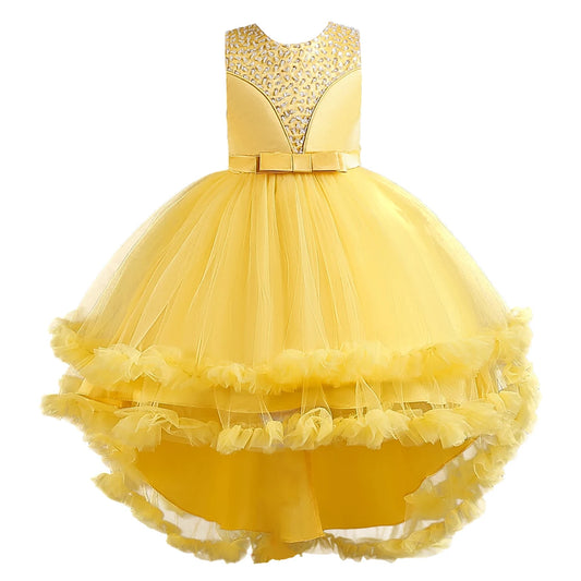 Gelbes ärmelloses Kinder leistungs kleid Bogens chwanz kleid Prinzessin kleid für 3y bis 12y Geburtstags feier kleidung.