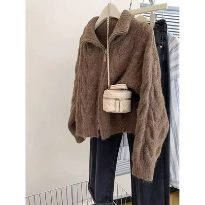 Women Autumn Winter New Lazy Style Loose Knitted Cardigan Retro Solid Color Double Zipper Turn-down Collar Sweater New Women Top.
