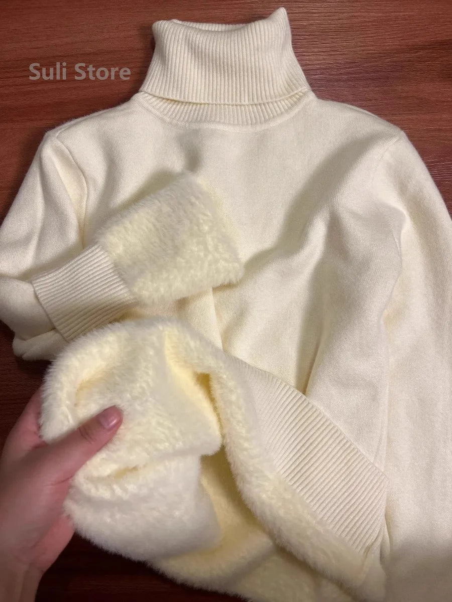 2025 Einteiliger Rollkragenpullover aus Nerz-Samt, verdickt, warme Innenpullover für Damen mit gestricktem Hemdpullover.