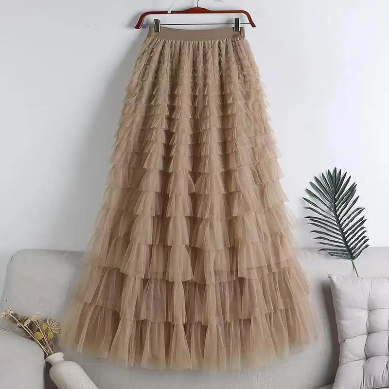 Chamliforve Women Tulle Mesh Skirt Elegant Elastic Waist Fairy Long A-line Tutu Skirt for Spring Summer Long Cake Skirt.