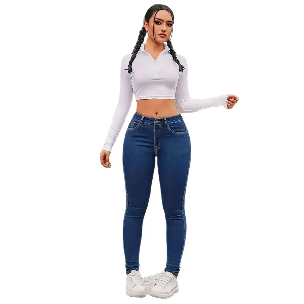 Spring 2025 Women's Retro Slim Fit Denim Jeans High Waist Elastic Butt Lifting Long Pants Trendy Girls High Waist Jeans.