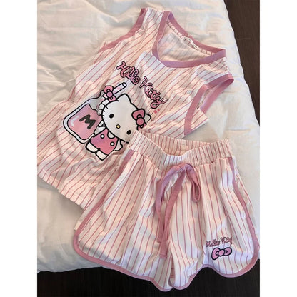 Hello Kitty Pyjama-Set für Damen, niedliche Nachtwäsche, Cartoon, ärmellos, Tank-Top, Shorts, Zuhause, Sommer, gemütliche Loungewear, Geschenk für Mädchen, Sanrio.