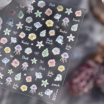 Ocean Theme 5D Nail Sticker Summer Beach Seashells Starfish Conch Scallop Shell Coral Self Adhesive Decoration Manicure Decal.