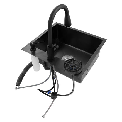 Multifunktionales Küchenspülbecken aus Edelstahl, rechteckiges schwarzes Küchenspülbecken mit ausziehbarem Wasserhahn und 300 ml Seifenspender