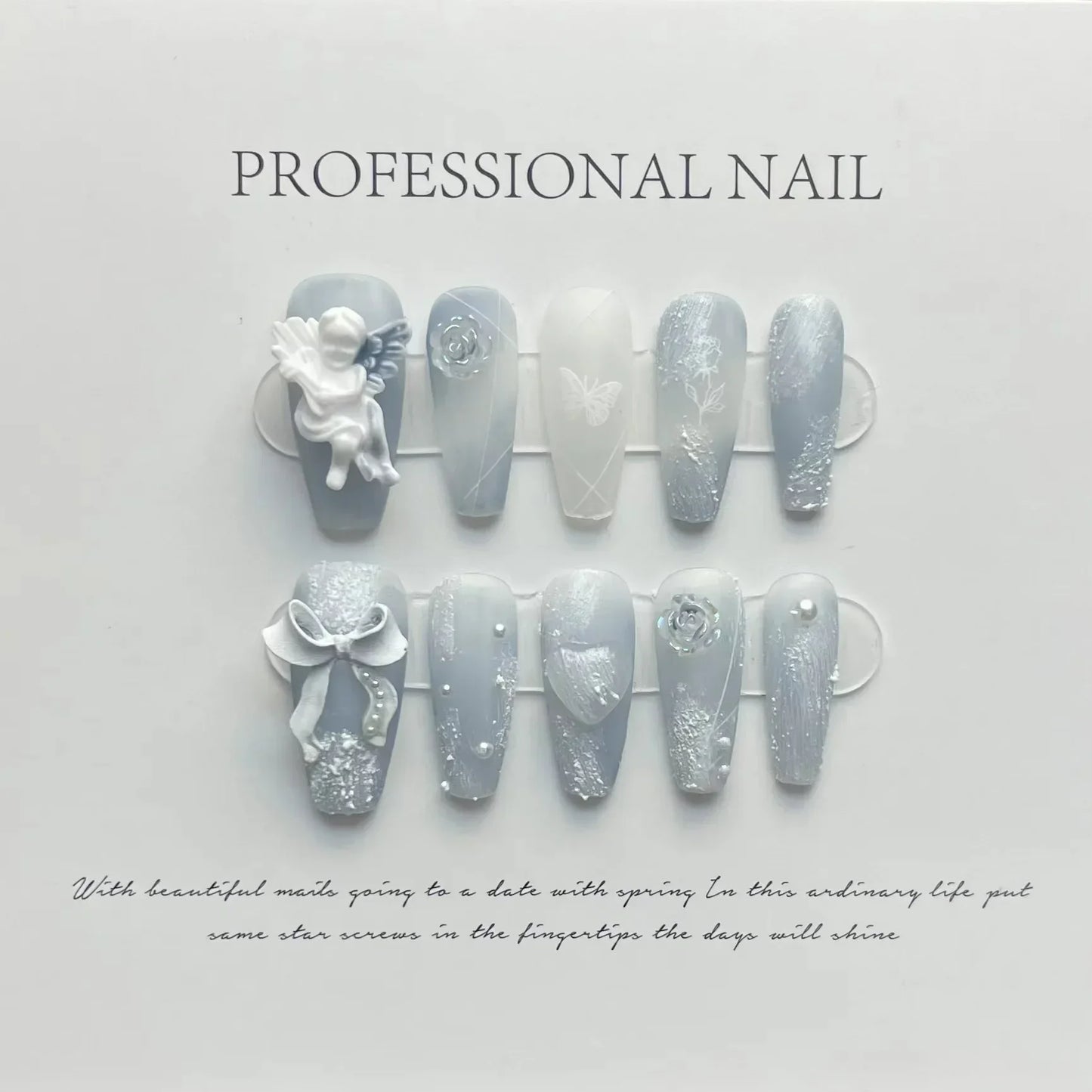 10Pcs Handmade Press on Nails Long Ballet Blue Fake Nails with 3D Ocean Moon Rhinestone Design False Nails Full Cover Nail Tips.