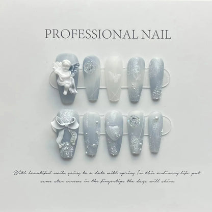 10Pcs Handmade Press on Nails Long Ballet Blue Fake Nails with 3D Ocean Moon Rhinestone Design False Nails Full Cover Nail Tips.