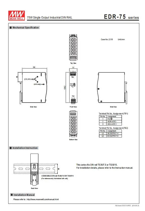 MEAN WELL EDR-75 120 150 12V 24V 48V meanwell EDR-75 120 150 12 24 48 V Single Output Switching Power Supply.