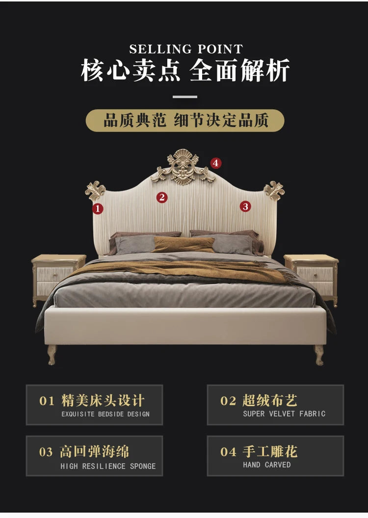 Klassisches europäisches Bett, Doppelbett, King-Size-Bett, Kopfteil, hochwertiges Bett, Twin, kreieren Sie das Hauptschlafzimmer, Cama De Casal, Wohnmöbel