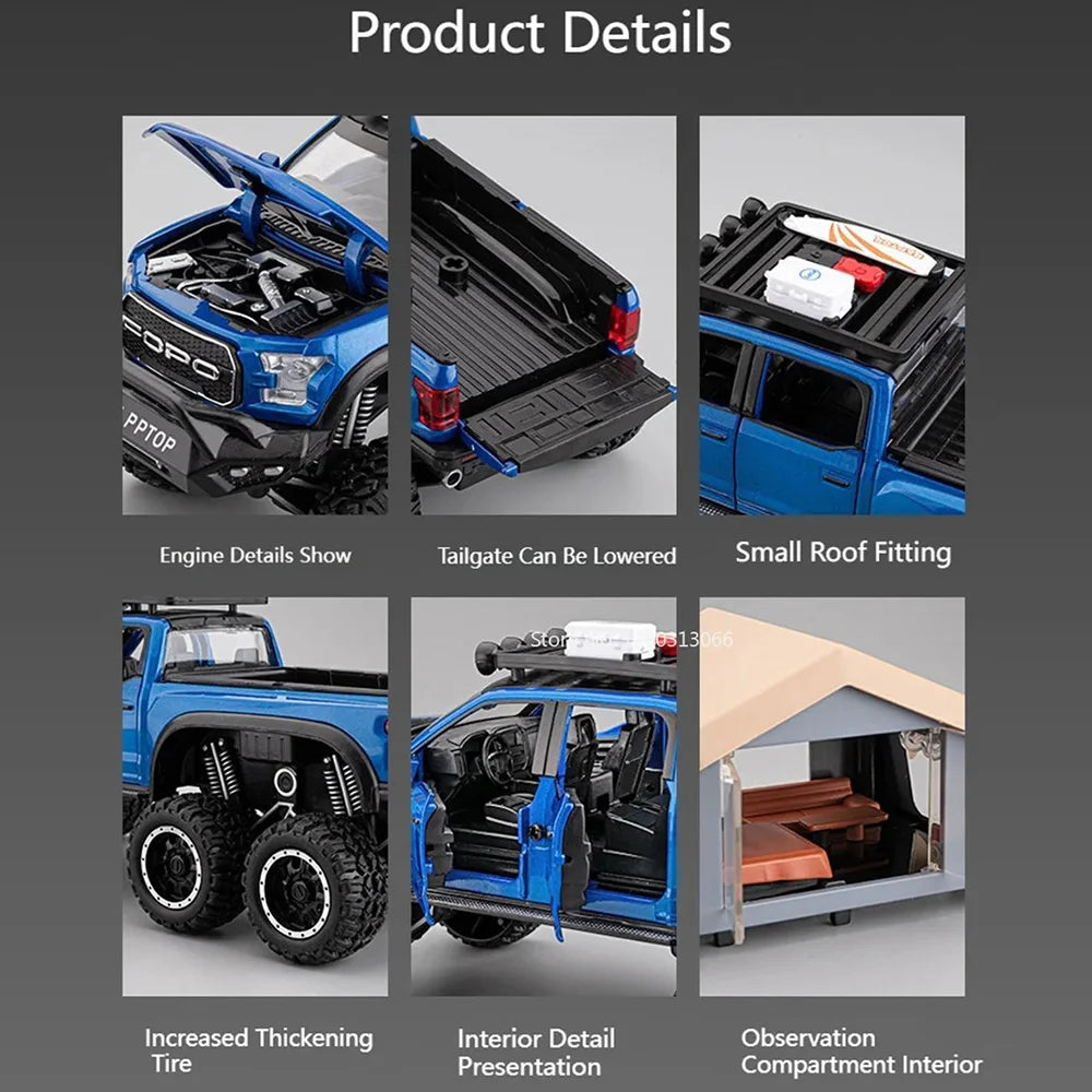 1/24 Scale Raptor F150 Alloy Cars Models Toys 6 Doors Opened Camping RV Diecast Model Light Sound Vehicle for Boys Birthday Gift.