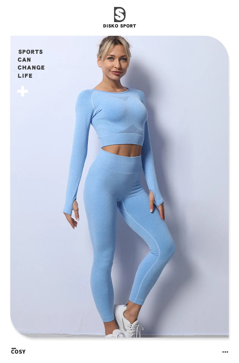 Women Yoga 2 Pieces Workout Outfits Seamless High Waist Leggings Sports Crop Top Running Clothes Sets.