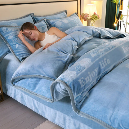 2025 new light luxury high gram weight carved fleece milk fleece bed sheet four-piece set thickened warm bedding winter