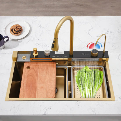 75x46x22cm,gold Digital Display Sink Pull-out Faucet Multifunctional Kitchen Sink , Adjustable Temperature with 360° Cup Washing