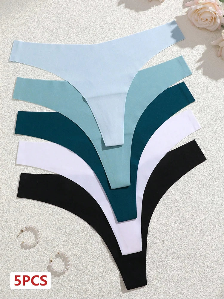5Pcs Ice Silk Seamless Thongs Women's V-Waist Solid Color Panties Sexy Breathable Low Rise Underwear Invisible Bikini Lingerie.