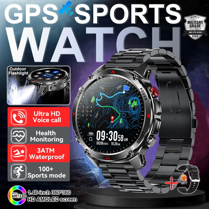 2025 New Outdoors Sports Military GPS Smart Watch 3ATM Waterproof Built-in Dual-Band GPS Compass Altimeter Swimming Smartwatches