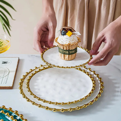 Nordic Ins Style Golden Edge Bead Plate Western Food Steak Plate Home Network Red Dish Creative Tableware Plate Breakfast Salad.