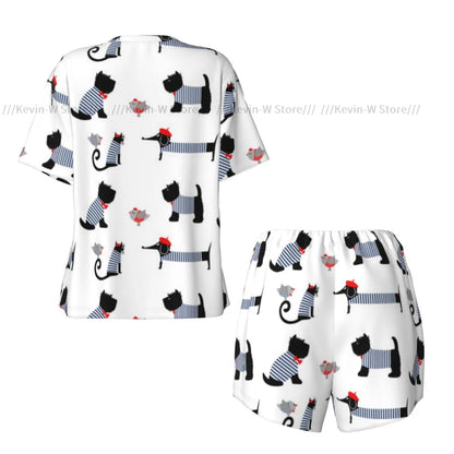 Damen-Pyjama-Set, kurzärmelig, französischer Pariser Dackel, Katzen-Nachtwäsche, Loungewear für Sommer-Nachtwäsche.