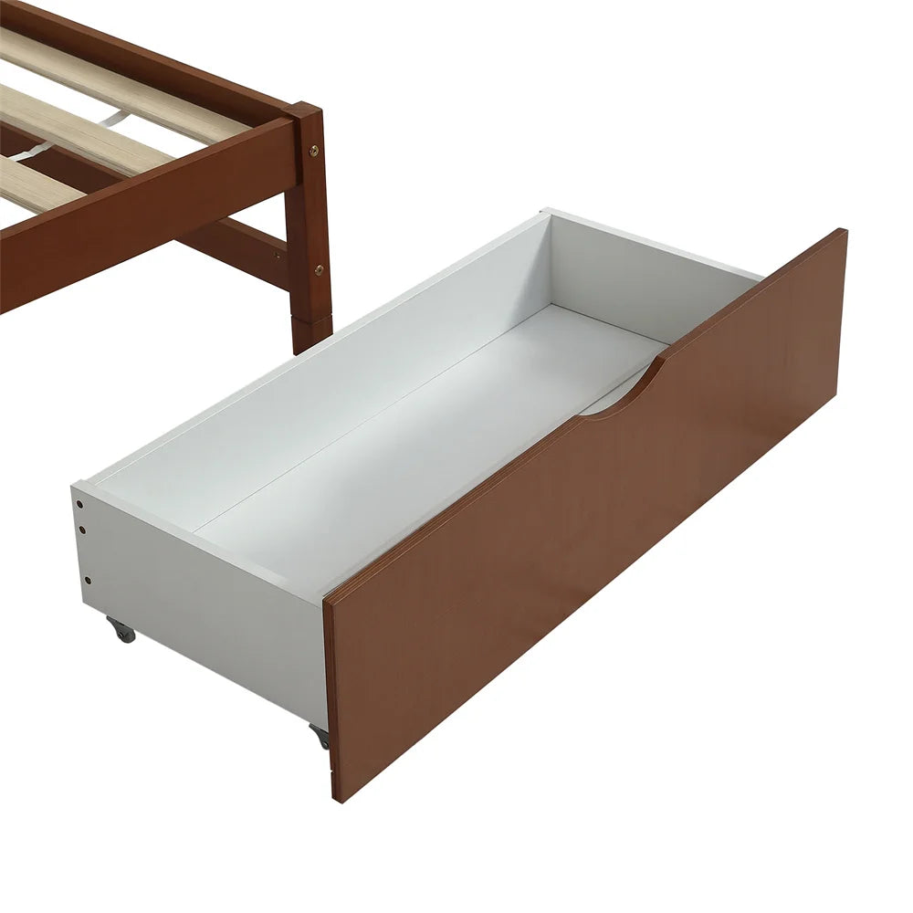 Kinderbett, Holzbett 90x200cm, Flachbett mit Lattenrost, Zwei Schubladen mit Rollen, Kiefer+MDF, Rotbraun, ohne Matratze