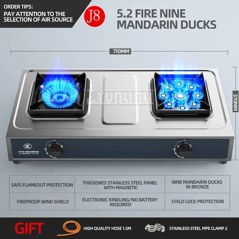 Desktop Stainless Steel Double Stove Household Bench Top Strong Fire Liquefied Natural Gas Stove