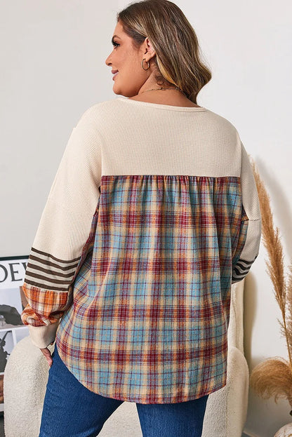 GIBSIE Plus Größe Taste Vorne Oansatz Plaid Sweatshirt Frauen Herbst 2025, Neue Tropfen Lange Hülse Lose Beiläufige Pullover Tops.