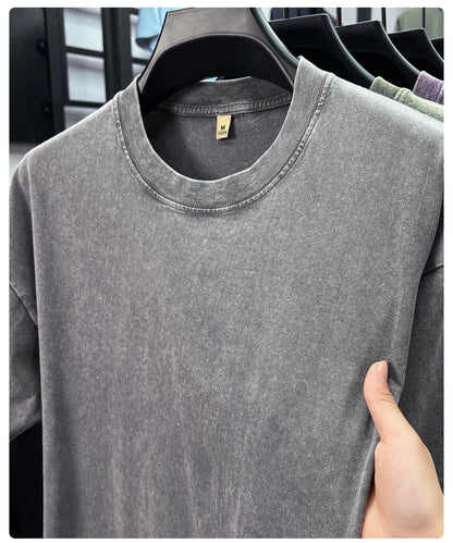 Personality washed vintage short sleeve T-shirt high-end 100% pure cotton men fashion round neck comfort lightweight casual top