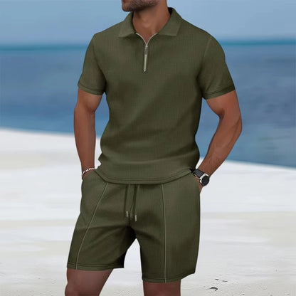Men's Sportswear set, men's Zipper Polo Shirt set, 3D Printed Casual Zipper Polo Shirt + Shorts 2-piece Business Sportswear Set.