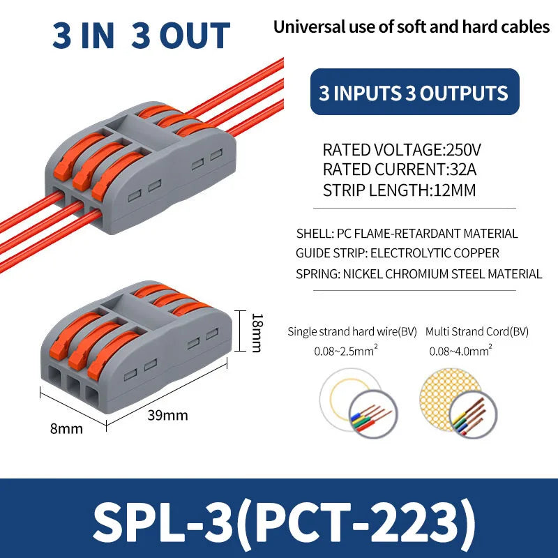 1 In Multiple Out Quick Wiring Connector Universal Splitter Wiring Cable Push In Terminal Block Universal Fast Wiring SPL 222 23