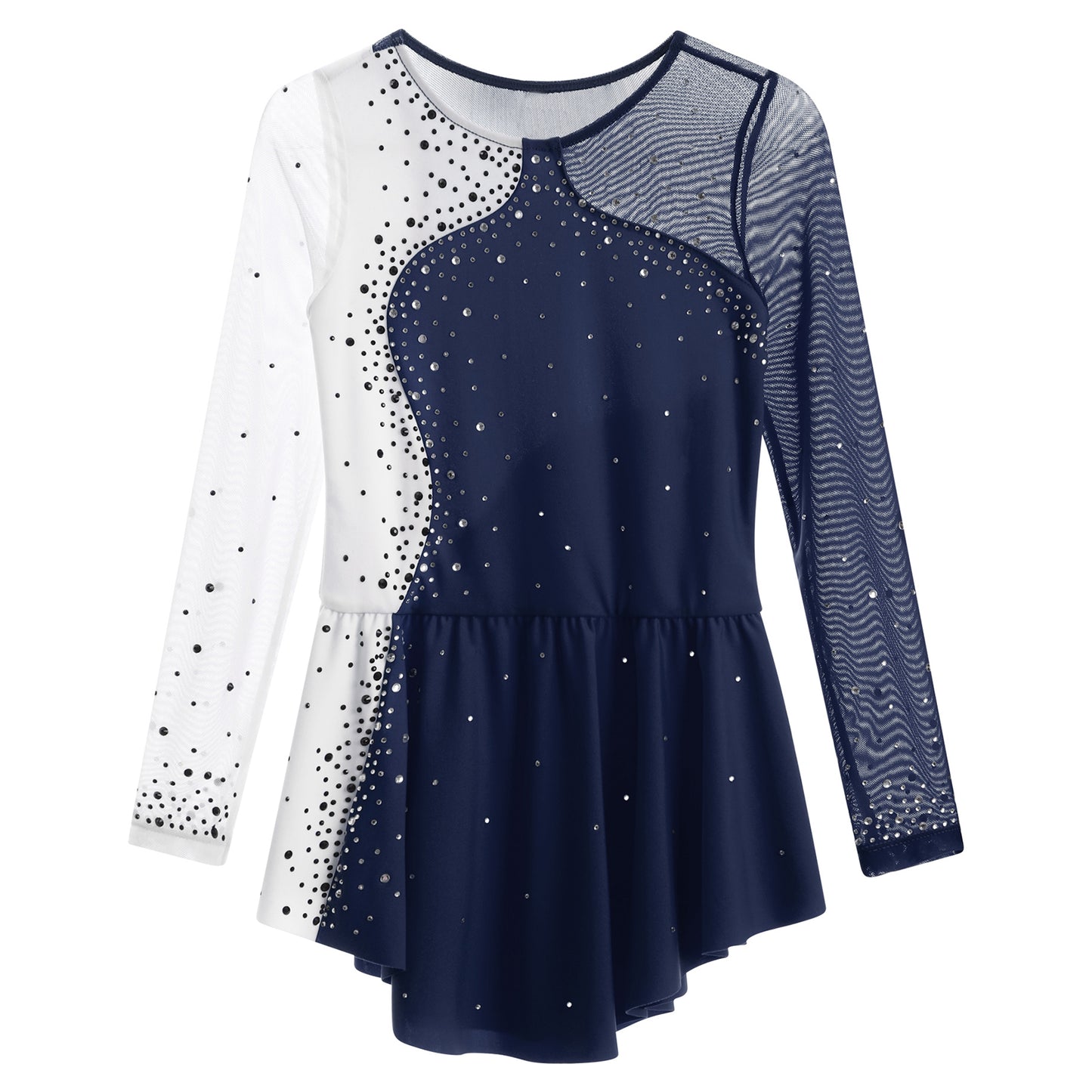 6-16Y Mädchen Eiskunstlauf Tanz Kleid Ballett Gymnastik Trikot Langarm Shiny Strass Sheer Mesh Leistung Dancewear