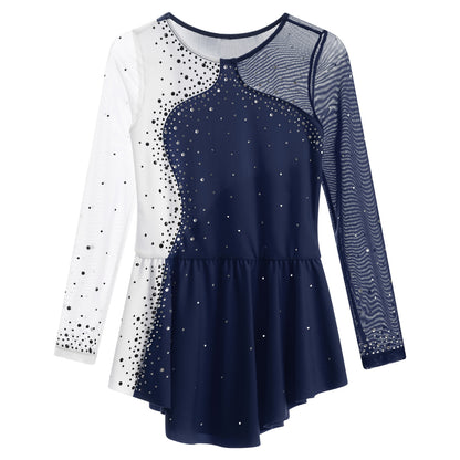 6-16Y Mädchen Eiskunstlauf Tanz Kleid Ballett Gymnastik Trikot Langarm Shiny Strass Sheer Mesh Leistung Dancewear