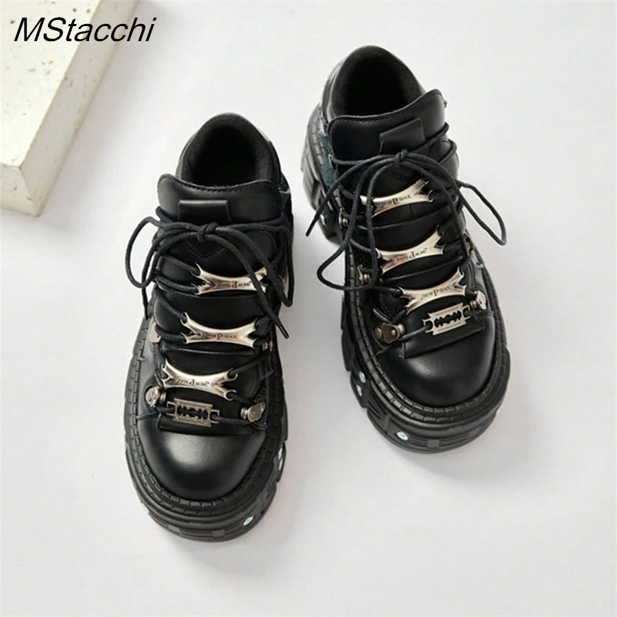 Punk Stil Frauen Schwarze Schuhe Rock Metall Dekor Lace-up Ferse Höhe Plattform Schuhe Gothic Mann Turnschuhe Frauen Stiefeletten 2025, Neue.
