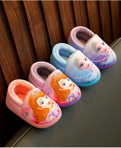 Disney Princess Elsa Winter Children's Heel Cotton Slippers Girls' Warm Frozen Kids' Cotton Black Purple Flats Shoes Size 24-40