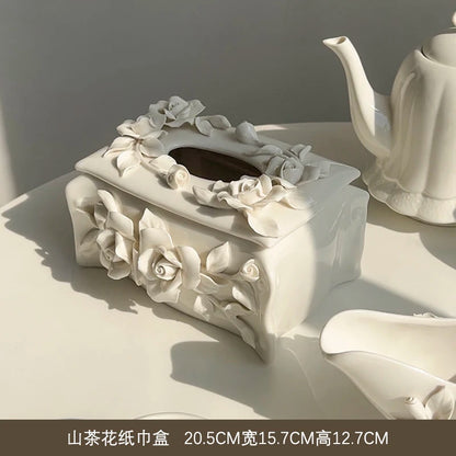 Vintage relief ceramic coffee set, hand-squeezed camellia afternoon tea set, tissue box, creative gift..