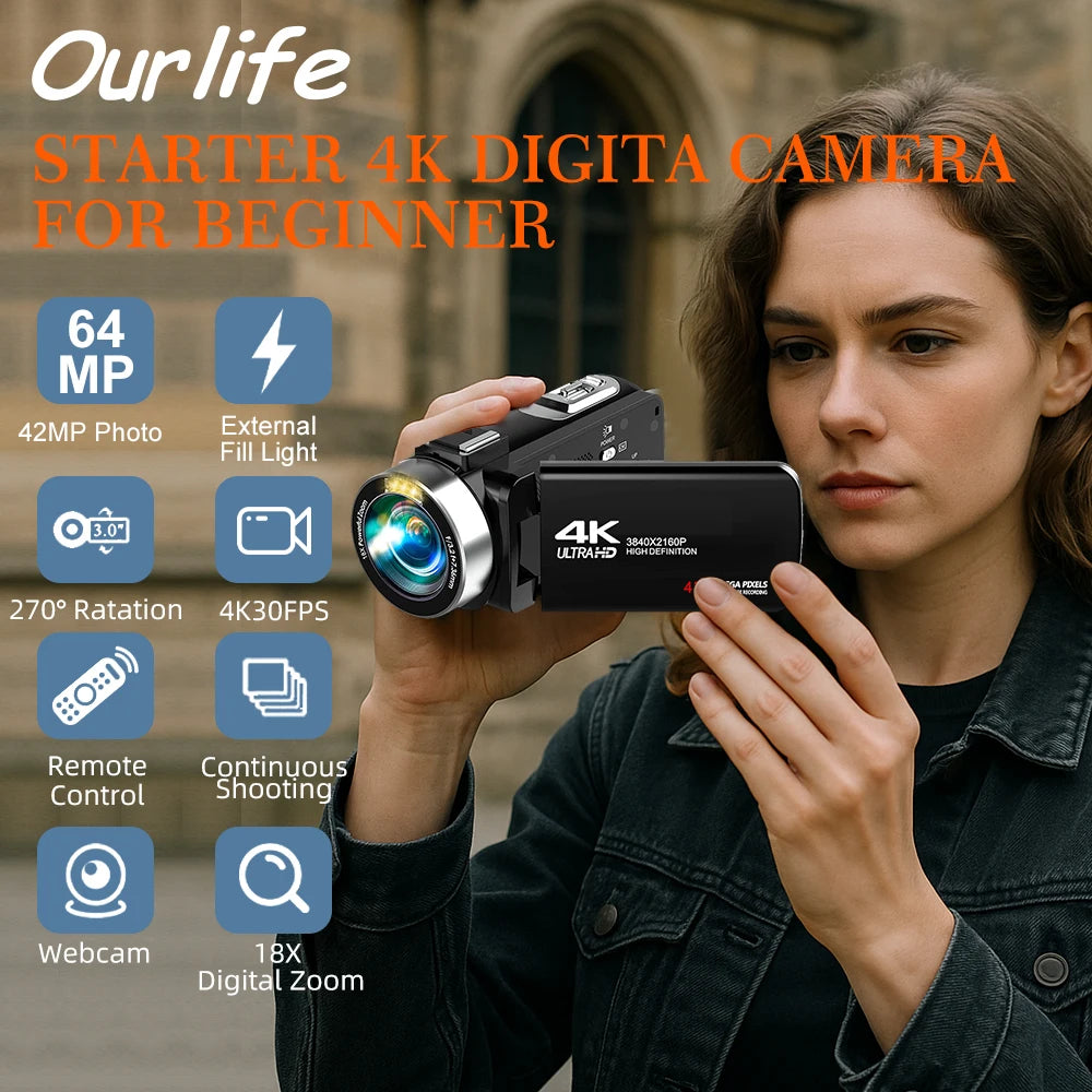 Ouelife 4K Digital Photography Camera 42 Megapixels HD Digital Camera 18X Digital Zoom 3.0'' screen Portable Video Recorder.