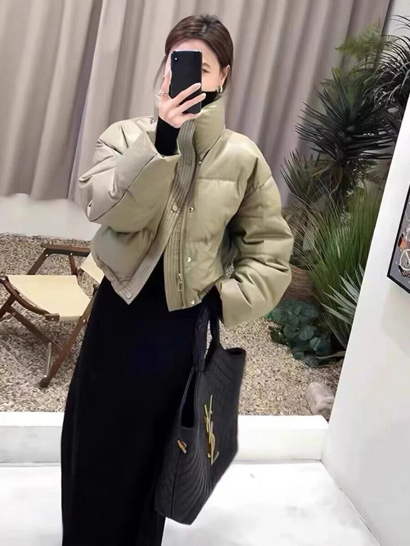 Winter Warme Dicke Parkas Frauen Neue Mode Lose Ernte Jacke Weibliche Schwarz Baumwolle Gepolsterte PU Leder Elegante Zipper Mantel Y2K Tops.