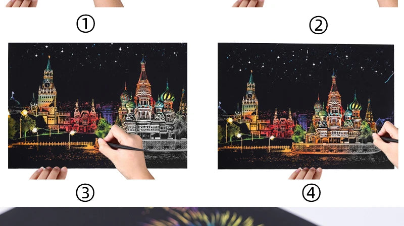 4PCS Scratch Art Paper World Landmarks Animals Painting Toy with Stylus Stress Relief Drawing Kids Adult Gift Glow in Dark Craft.