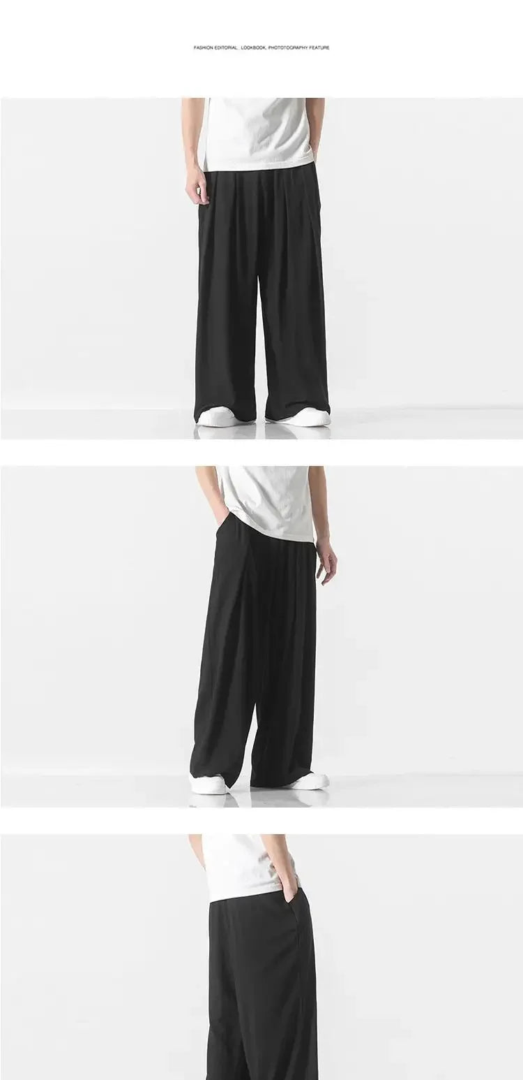 Hanfu Spirit Draped Linen Pants For Men Straight-leg Casual Trousers Chinese Style Loose-fit Ancient Wide-leg Song Trousers.