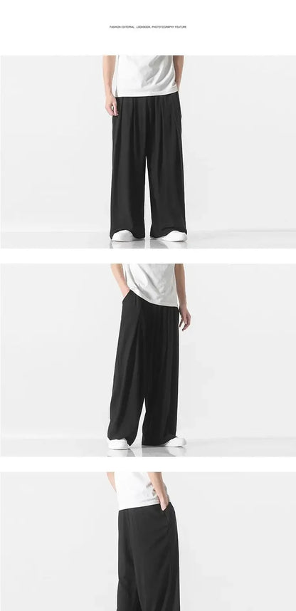 Hanfu Spirit Draped Linen Pants For Men Straight-leg Casual Trousers Chinese Style Loose-fit Ancient Wide-leg Song Trousers.