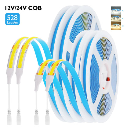 DC12 24V COB LED Strip Light 528Leds/m Flexible Tape Ribbon High Density Linear Lighting 3000-6500K RA90 Led Lights Room Decor.