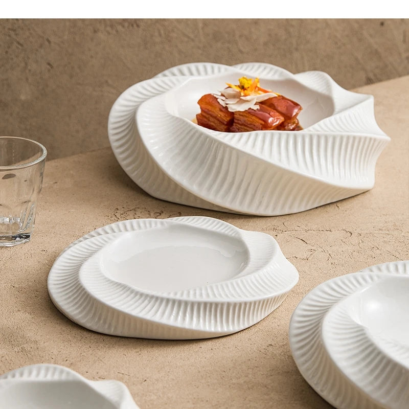 White Ceramic Dining Plate Dinner Steak Hotel Restaurant Main Course Dessert Home Kitchen Tableware.