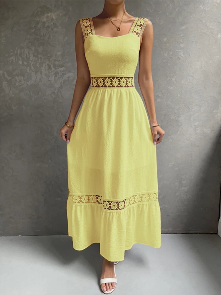 Weiße Lange Kleid Frauen Sommer Sexy Sleeveless Backless Maxi Kleider Damen Elegante Hohle Heraus Spitze Kleid Boho Sommerkleid Vestidos