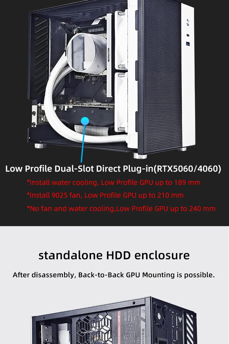 METALFISH T20 Mini ITX Case 9L Gaming Computer White Chassis Compact PC Support Flex PSU/100mm Cooler/180Liquid Cooler/240mm GPU.