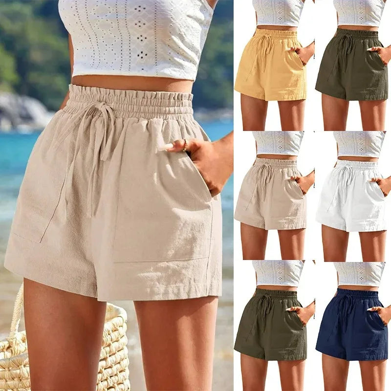 2025 Summer New Women's Shorts Loose Linen Casual Pockets Solid Color High Waist Wide Leg Pants.